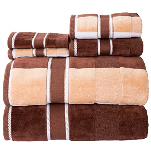 6PC Towel Set - Absorbent Cotton Bathroom Accessories with Bath Towels, Hand Towels, and Wash Cloths - Solid and Striped Towels (Brown)